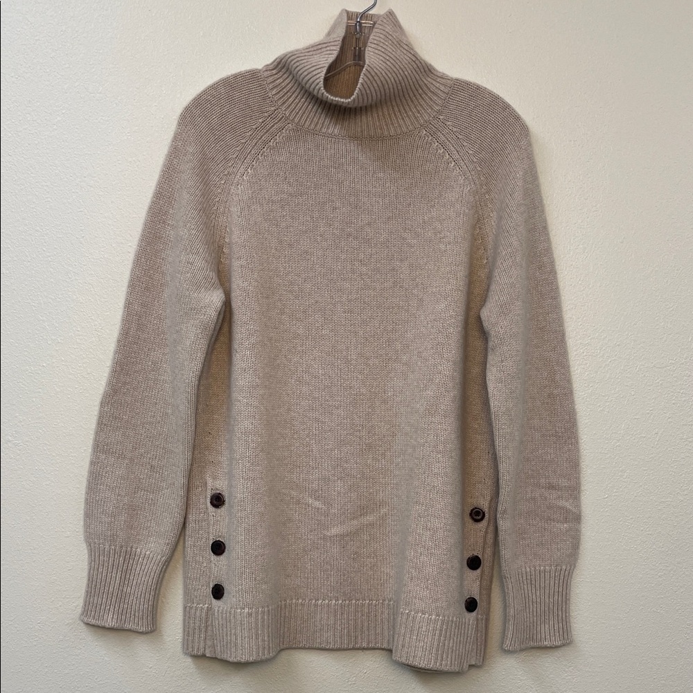 Cashmere Oversized WM Side Button Knit Fisherman Tan/Brown Turtleneck Sweater
